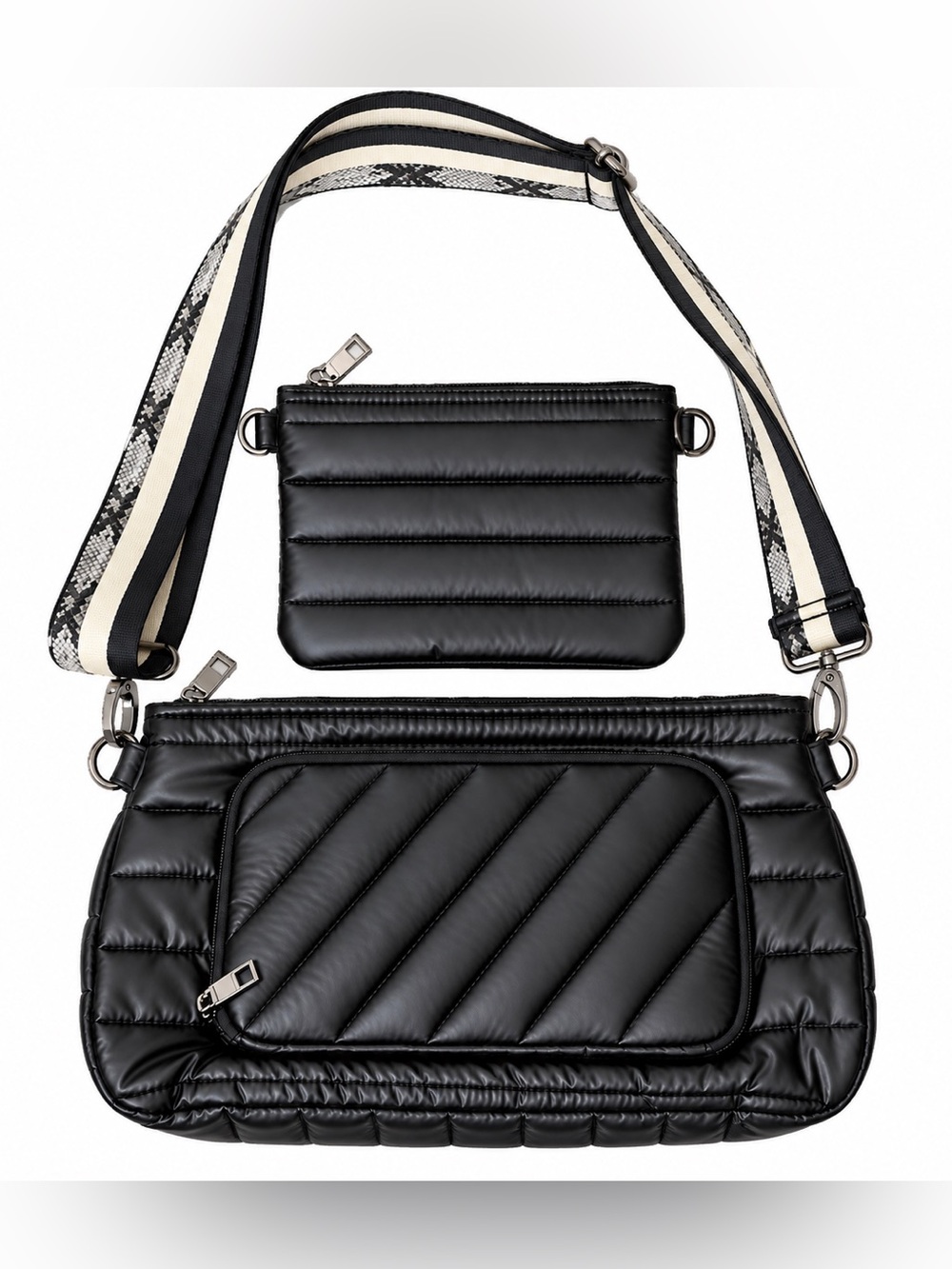 THINK ROYLN Black Quilted Crossbody Bag & Wallet Pink Lined Gunmetal Black
